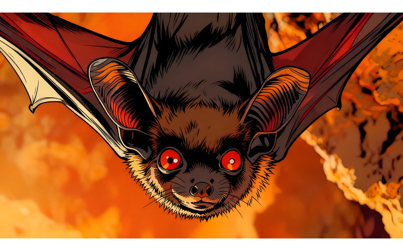 Pipistrello vampiro appeso a testa in giù nella grotta con occhi rossi luminosi (immagine di illustrazione AI + disegno vettoriale) - Caratteristiche Immagine 1