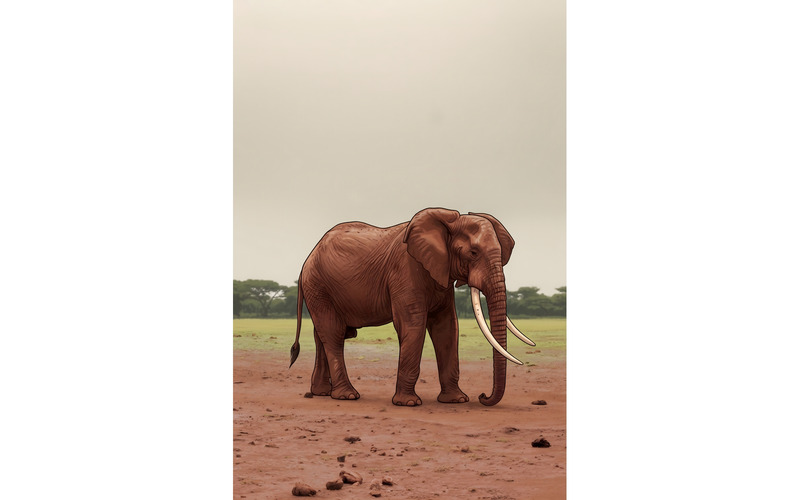 Elefante al pascolo su un campo contro il cielo limpido (immagine illustrativa AI + disegno vettoriale) - Caratteristiche Immagine 1