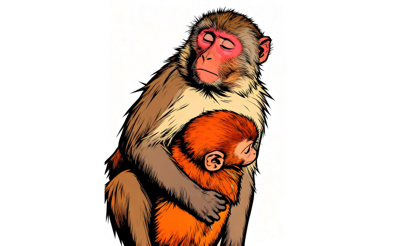 Illustrazione ravvicinata di una famiglia di scimmie - Caratteristiche Immagine 1