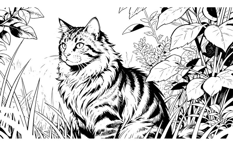 Chat rayé et duveteux assis dans l'herbe, regardant sur le côté (Illustration IA + Dessin vectoriel) - Caractéristiques de l’image 2