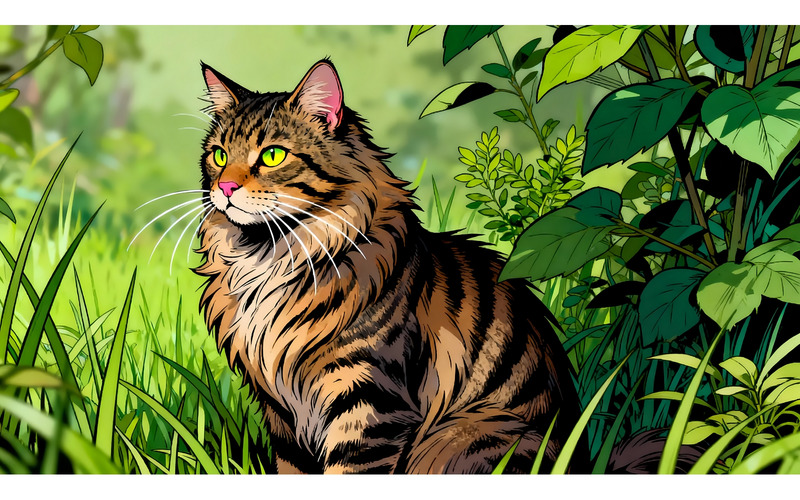 Chat rayé et duveteux assis dans l'herbe, regardant sur le côté (Illustration IA + Dessin vectoriel) - Caractéristiques de l’image 1