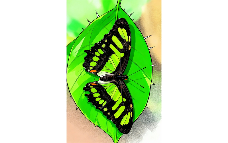 Papillon Stelene aux ailes noires et vertes, assis sur une feuille (Illustration IA + Dessin vectoriel) - Caractéristiques de l’image 1