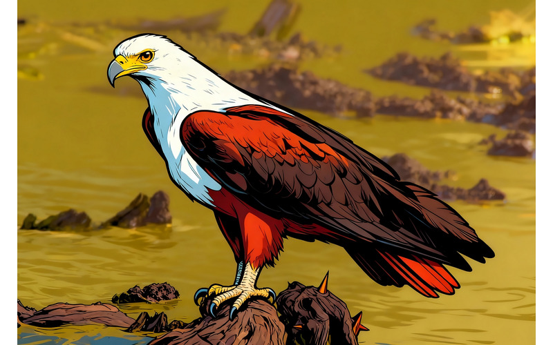Africký orel odpočívající na skále u řeky Ornage (ilustrační obrázek AI + vektorová čárová grafika) - Features Image 1