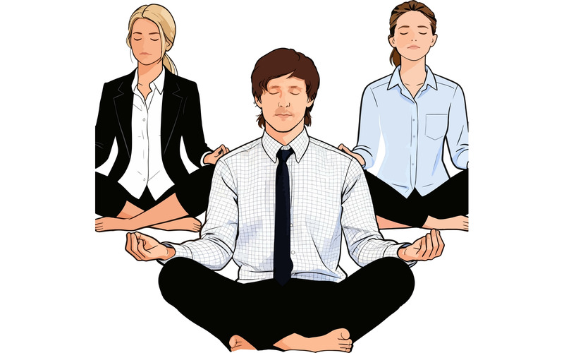 Affärsmän som gör yoga i parken, illustration - Features Image 1