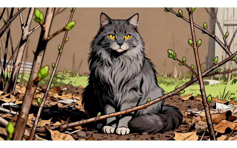 Söt grå katt som leker i trädgården (AI-illustrationsbild + vektorgrafik) - Features Image 1