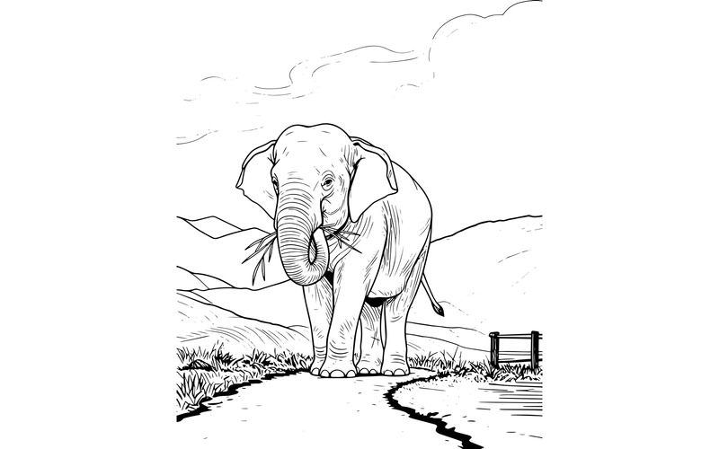 Éléphant debout dans un champ sur fond de ciel (Illustration IA + Dessin vectoriel) - Caractéristiques de l’image 2