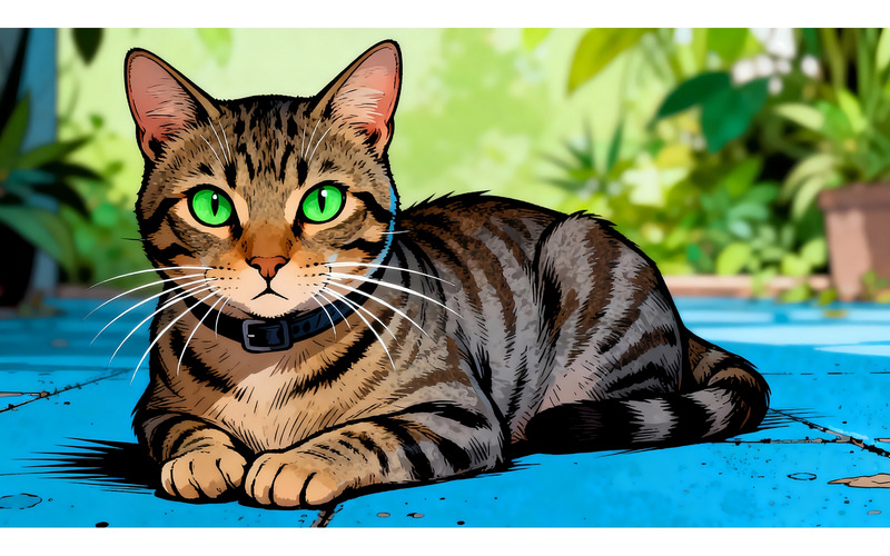Chaton tigré bleu aux yeux concentrés sur un sol en ciment (Illustration IA + Dessin vectoriel) - Caractéristiques de l’image 1
