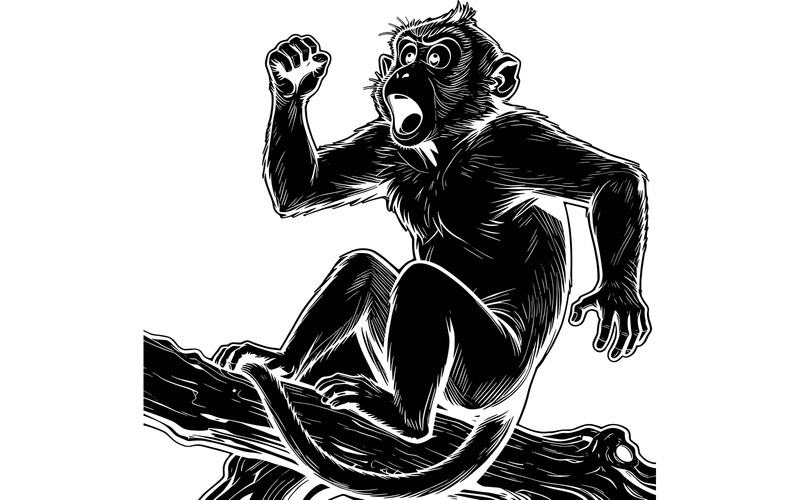 Illustrazione di un macaco dalla coda lunga seduto su una radice che guarda stupito - Caratteristiche Immagine 2