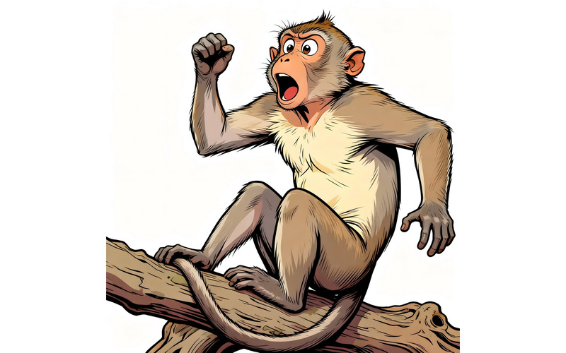 Illustrazione di un macaco dalla coda lunga seduto su una radice che guarda stupito - Caratteristiche Immagine 1