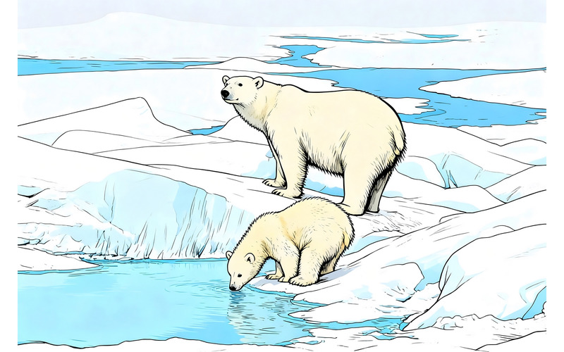 Orso polare Ursus Maritimus Madre Cucciolo Pack Ghiaccio Nord 1 (Immagine di illustrazione Ai + Linea arte vettoriale) - Caratteristiche Immagine 1