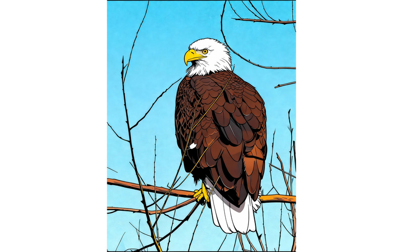 Águila posada en una rama, vista en ángulo bajo (imagen AI + arte lineal vectorial) - Características Imagen 1