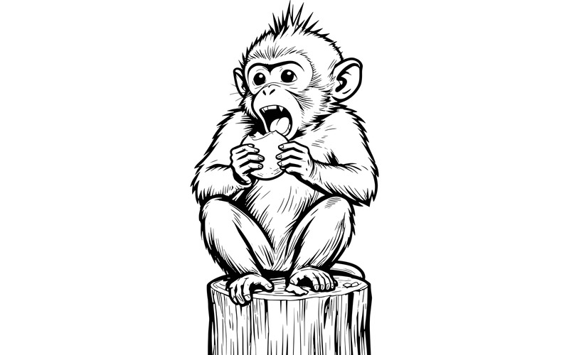 Illustrazione di una simpatica scimmia macaco che mangia frutta - Caratteristiche Immagine 2