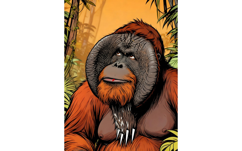Illustrazione di animali selvatici dell'orango del Borneo in via di estinzione, habitat roccioso, Pongo Pygmaeus - Caratteristiche Immagine 1