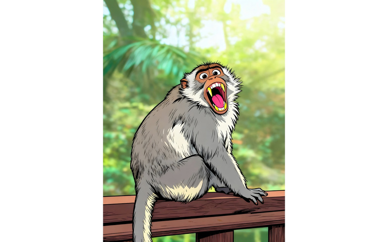 Primo piano di un macaco su una sporgenza di legno con la bocca aperta, illustrazione naturale sfocata - Caratteristiche Immagine 1