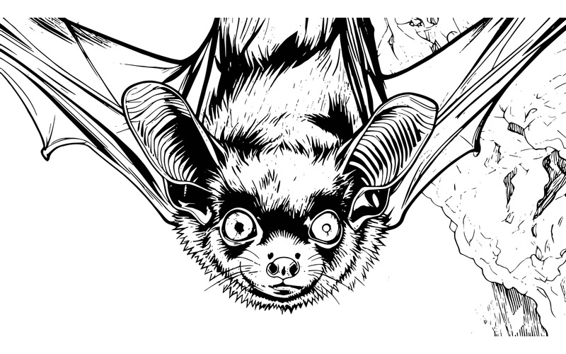 Pipistrello vampiro appeso a testa in giù nella grotta con occhi rossi luminosi (immagine di illustrazione AI + disegno vettoriale) - Caratteristiche Immagine 2