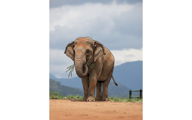 Éléphant debout dans un champ sur fond de ciel (Illustration IA + Dessin vectoriel) - Caractéristiques de l’image 1