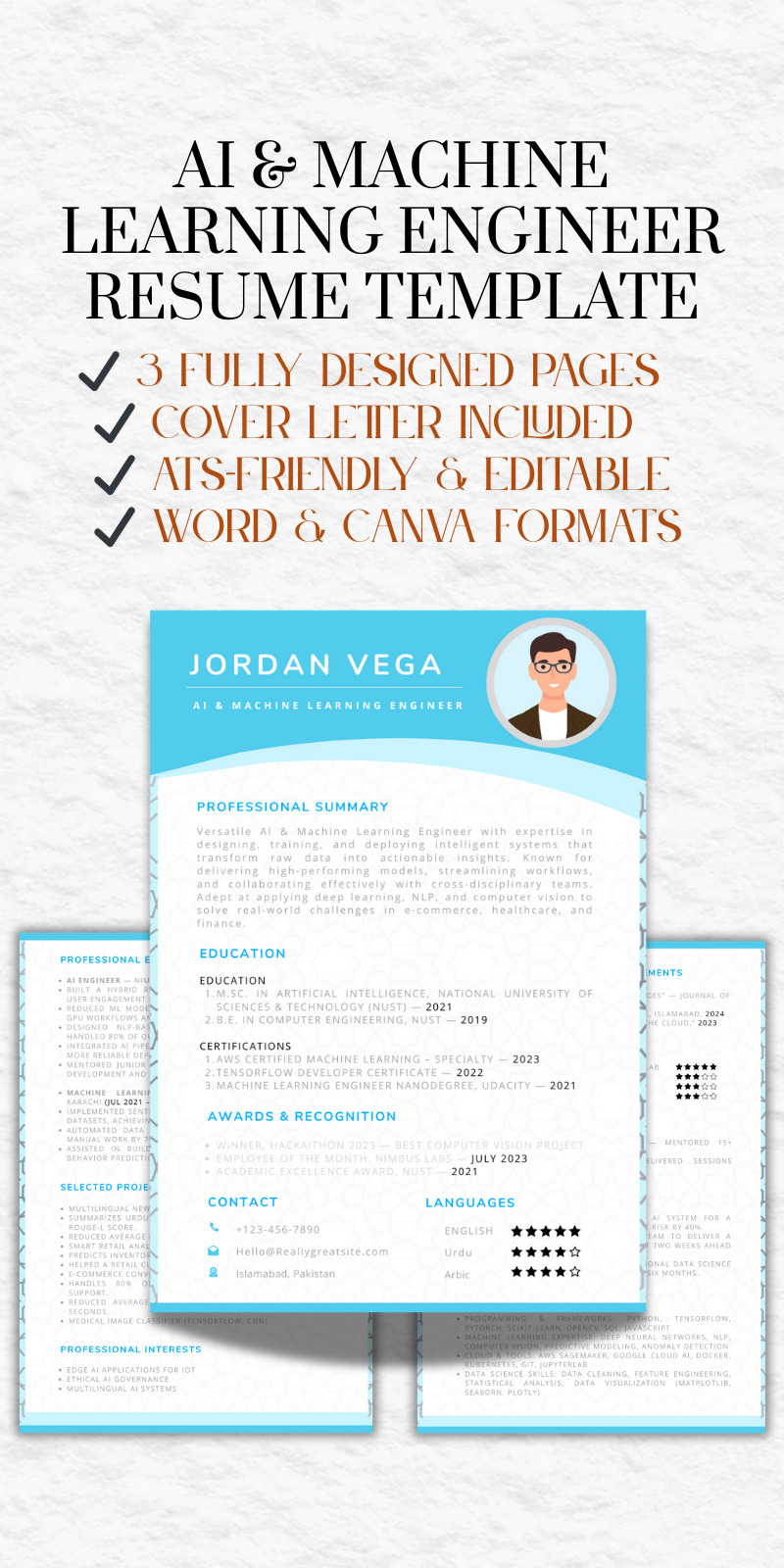 AI & Machine Learning Engineer Resume Template – Modern & Professional - ATS Friendly - Features Image 1