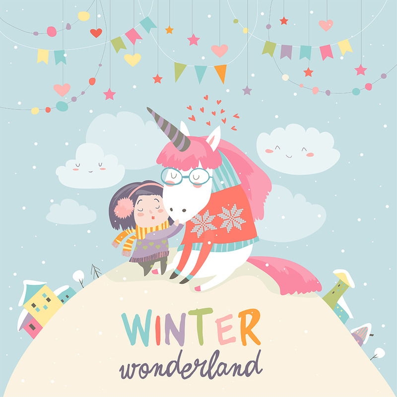 Linda Chica Hungging Unicornio Winter Wonderland Vector - Características Imagen 1