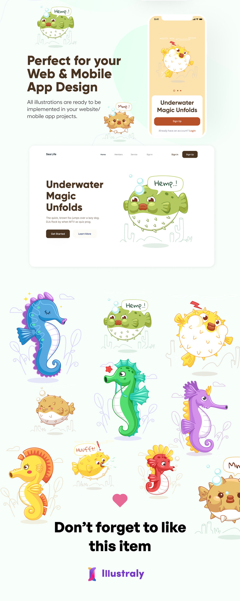 Oceany - Seahorse & Puffer Fish Illustration Set - Features Image 2