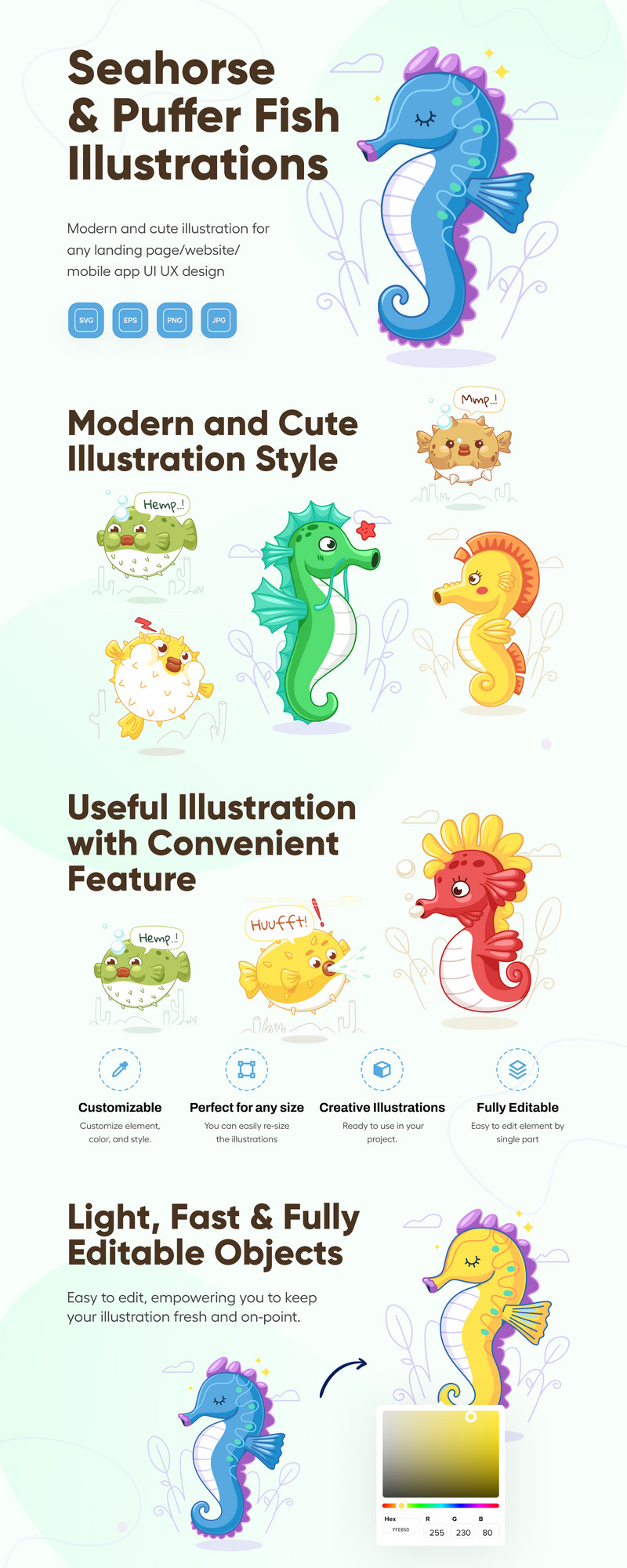 Oceany - Seahorse & Puffer Fish Illustration Set - Features Image 1