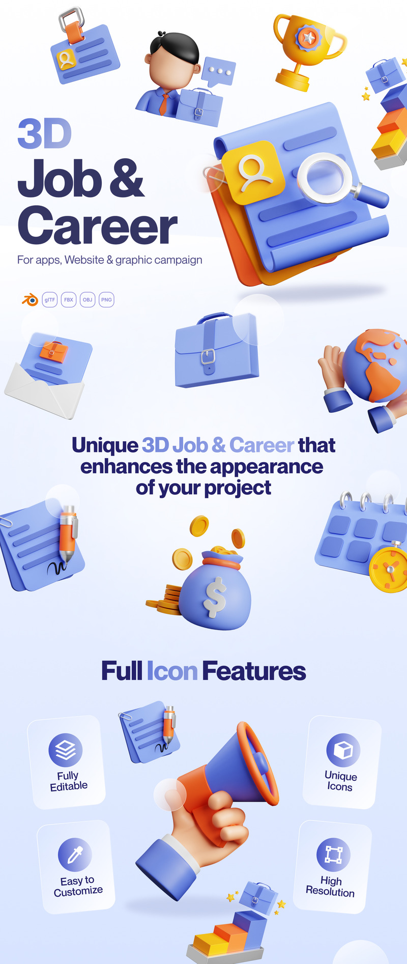 Hirely - Conjunto de iconos de trabajo y carrera en 3D - Características Imagen 1