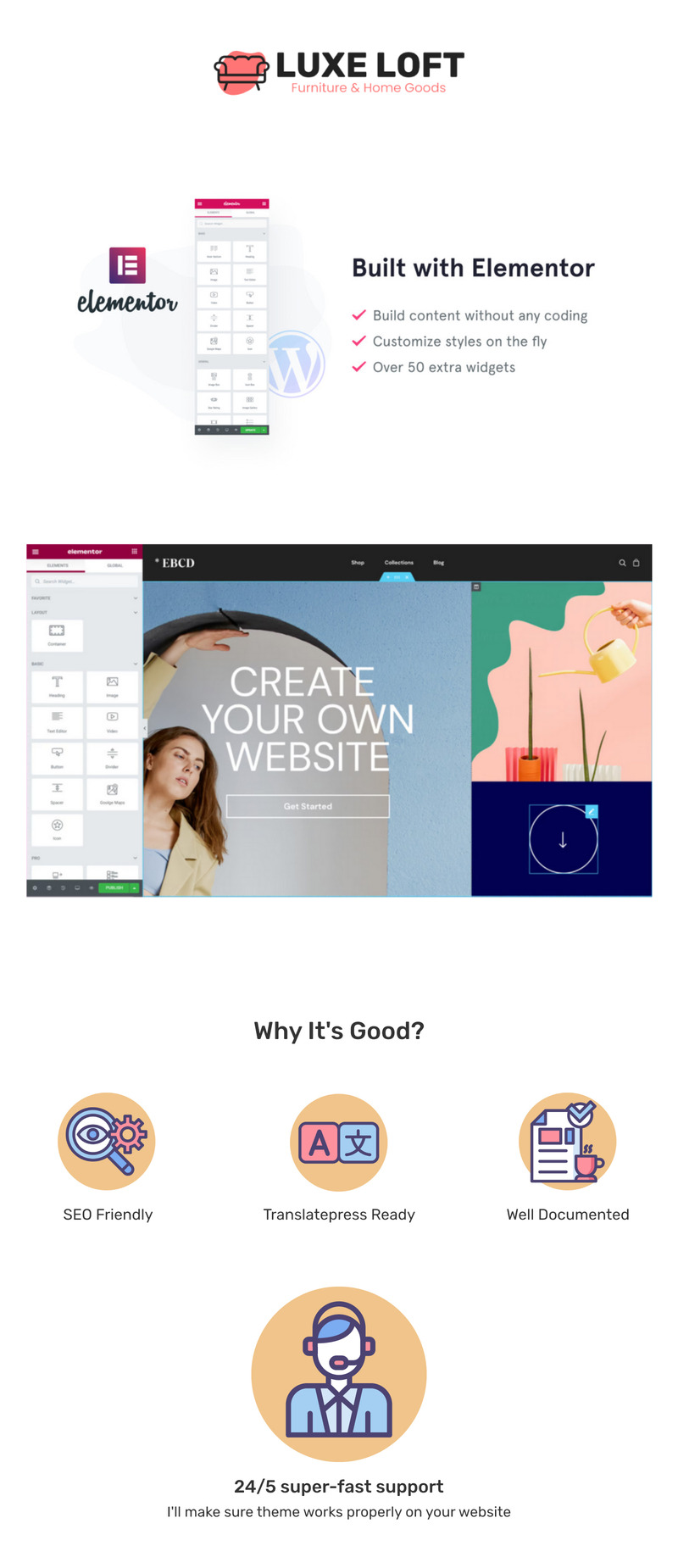 Luxe Loft - Plantilla WooCommerce Elementor para muebles y artículos para el hogar - Características Imagen 1