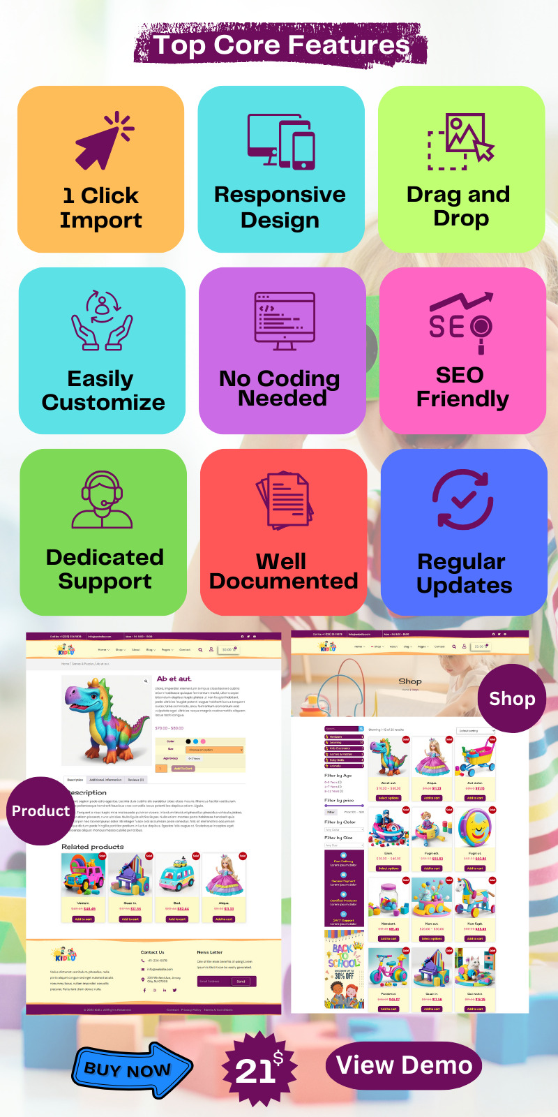 Kidlu — набор шаблонов WooCommerce Elementor для магазинов игрушек, одежды и модной одежды - Features Image 2