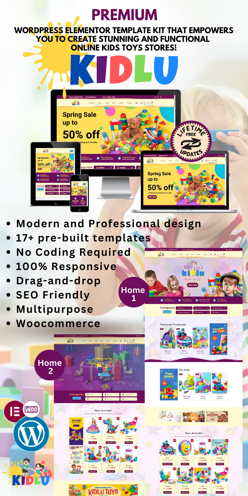 Kidlu — набор шаблонов WooCommerce Elementor для магазинов игрушек, одежды и модной одежды - Features Image 1