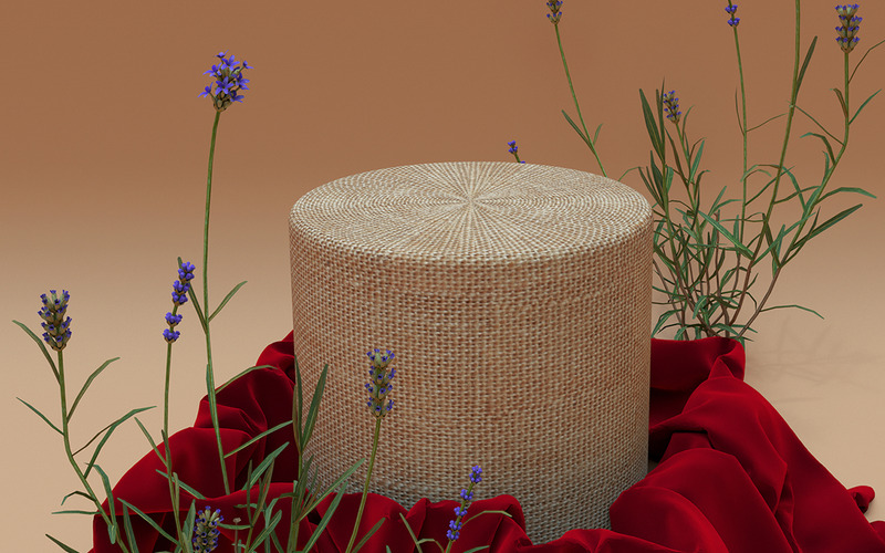 Podio rotondo realistico 3D ricoperto di stoffa di seta rossa e fiori di lavanda - Caratteristiche Immagine 1