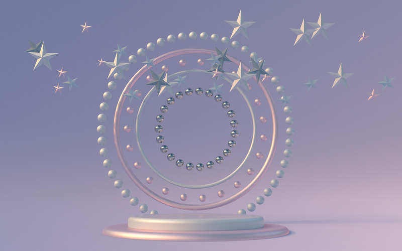 Composizione astratta 3D. Podio cilindrico su sfondo viola pastello con stelle d'argento volanti. - Caratteristiche Immagine 1