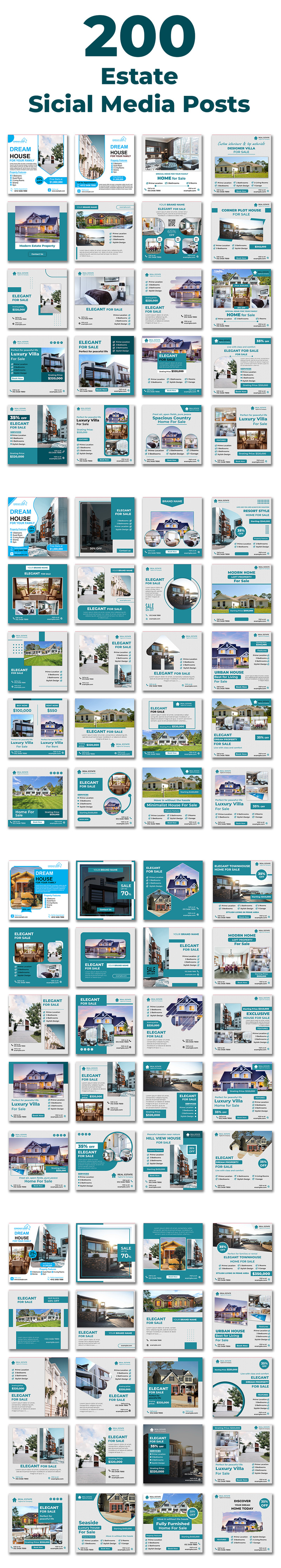 Pacchetto di 200 post sui social media immobiliari modificabili in Adobe Photoshop Modern Property Marketing Pack - Caratteristiche Immagine 1