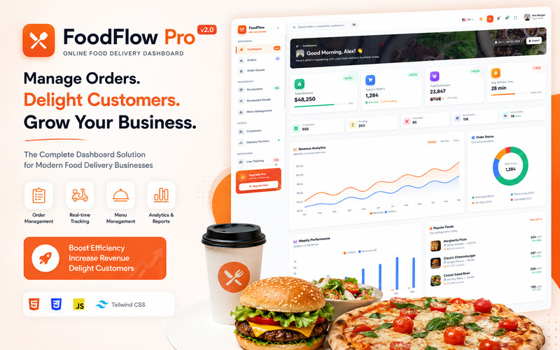 FoodFlow Pro – Online Food Delivery Dashboard HTML5 Tailwind CSS Template - Features Image 1