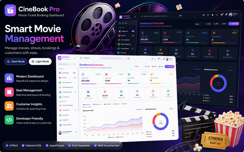 CineBook Pro – Movie Ticket Booking Dashboard HTML5 Tailwind CSS Template - Features Image 1