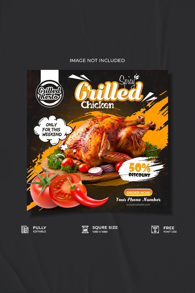 Hot and spicy restaurant grilled chicken social media poster design - Features Image 1