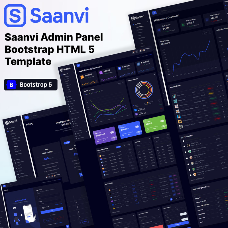 Saanvi - Panel administracyjny Bootstrap HTML 5 Szablon Kompleksowy, wielofunkcyjny panel administracyjny - Obraz funkcji 1