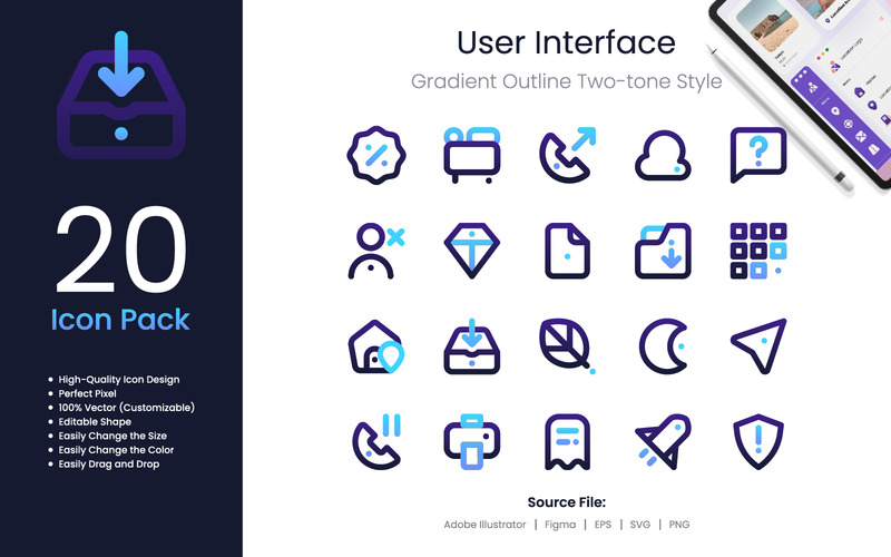 User Interface Icon Pack Gradient Outline Two-Tone Style 3 - Features Image 1
