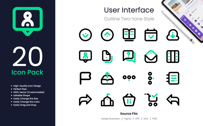User Interface Icon Pack Spot Outline Two-Tone Style - Features Image 1