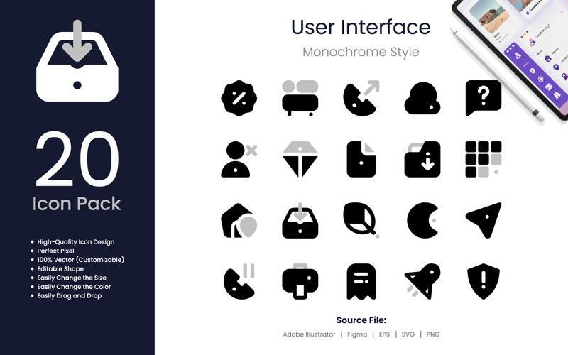Pictogrampakket gebruikersinterface Monochrome stijl 2 - Features Image 1