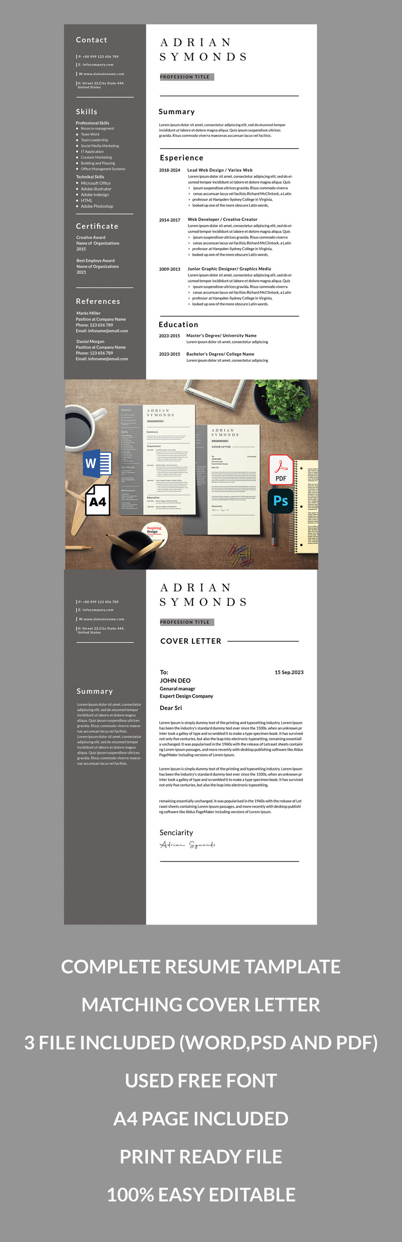 Adrian Symonds printable 'Ms word' resume tamplate - Features Image 1