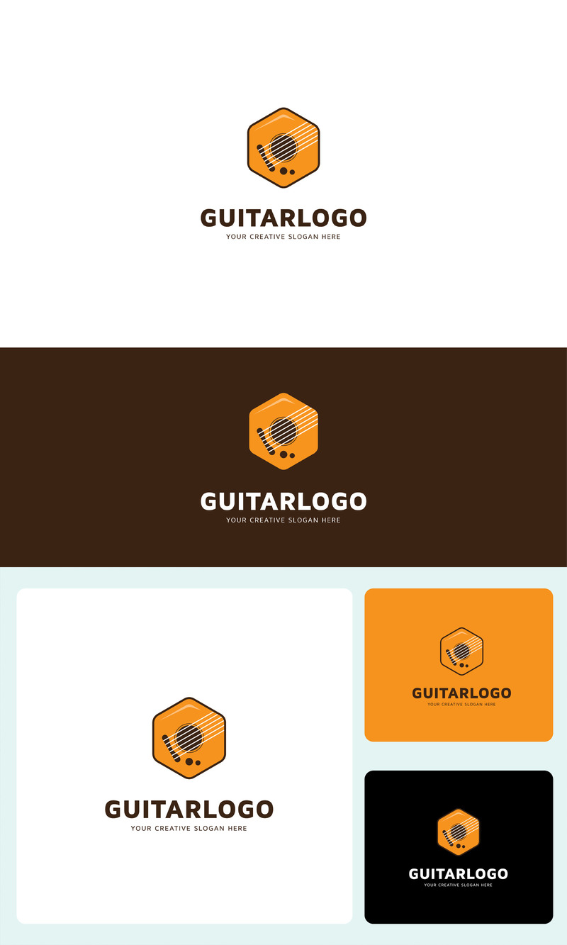 Modello di design creativo con logo musicale per chitarra esagonale - Caratteristiche Immagine 1