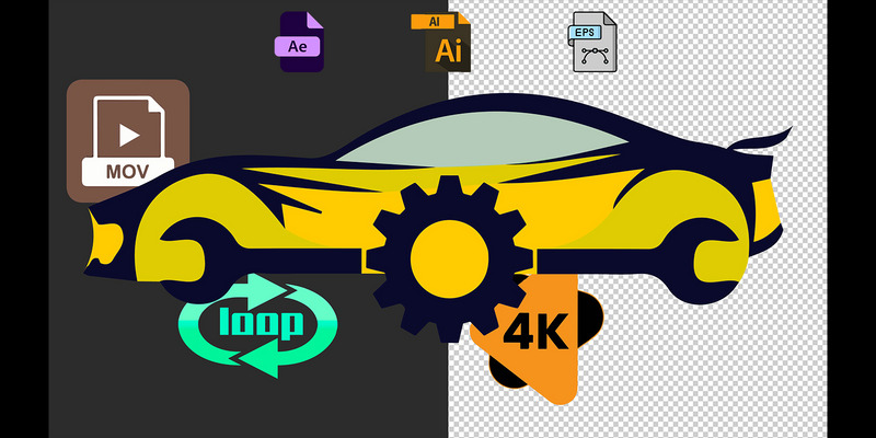Animación del logotipo de un servicio de coches con un engranaje giratorio. Bucle. 4K. Canal alfa. - Características Imagen 1