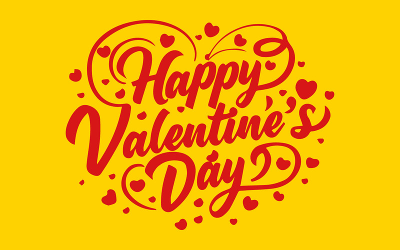 Poster tipografico di felice San Valentino su sfondo giallo a forma di cuore. Illustrazione gratuita - Caratteristiche Immagine 1