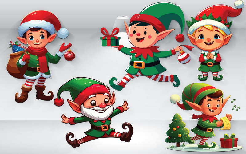 Set Of 5 Elf Of Christmas Illustration Vector - Features Image 1