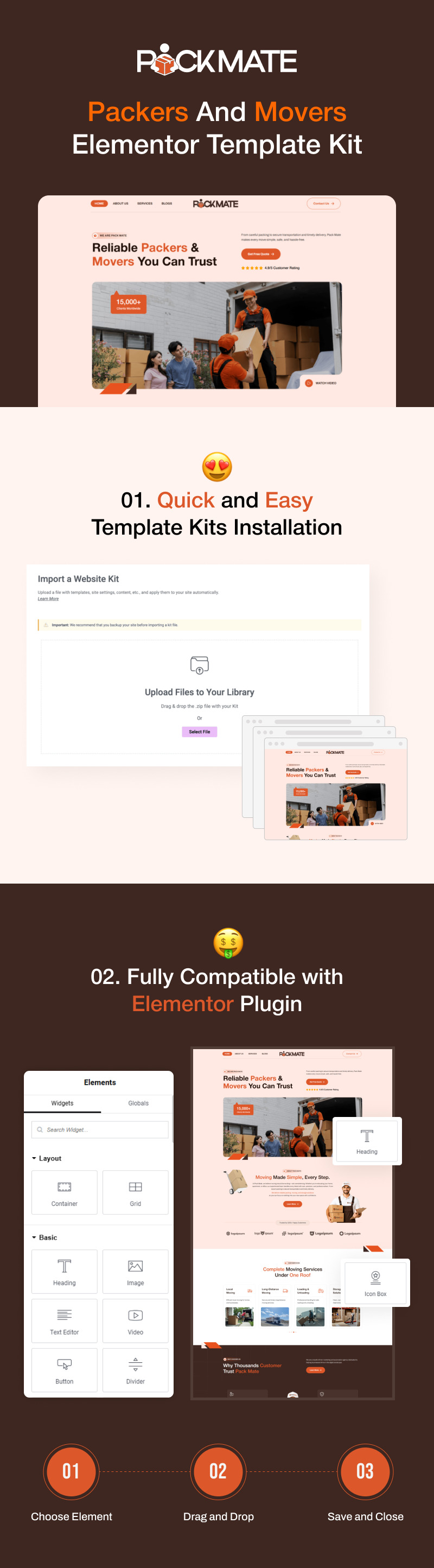Pack Mate – Kit de plantillas Elementor para empresas de mudanzas y embalaje - Características Imagen 1