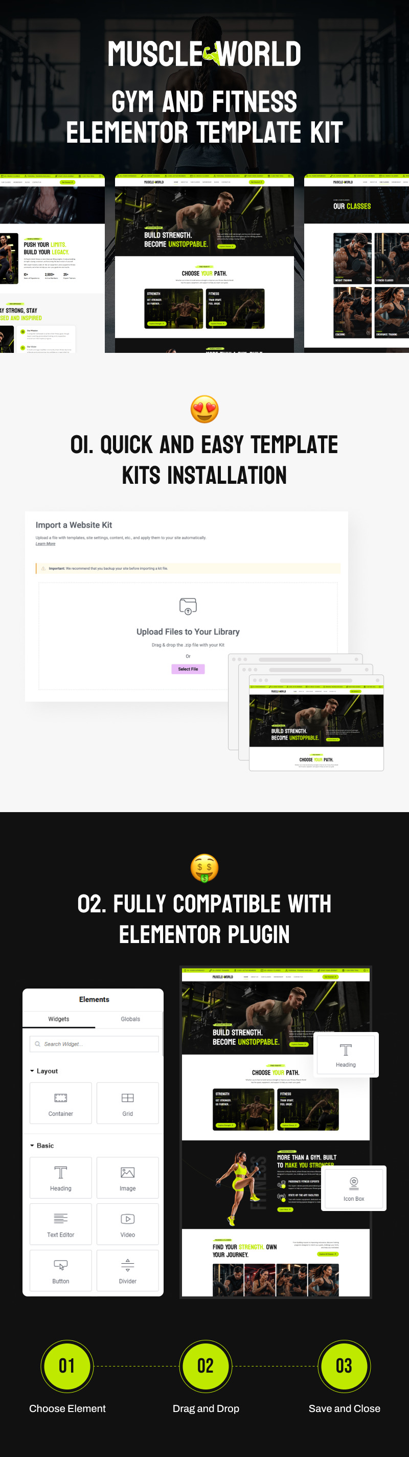 Muscle World – Gym- und Fitness-Elementor-Vorlagenpaket - Eigenschaften Bild 1
