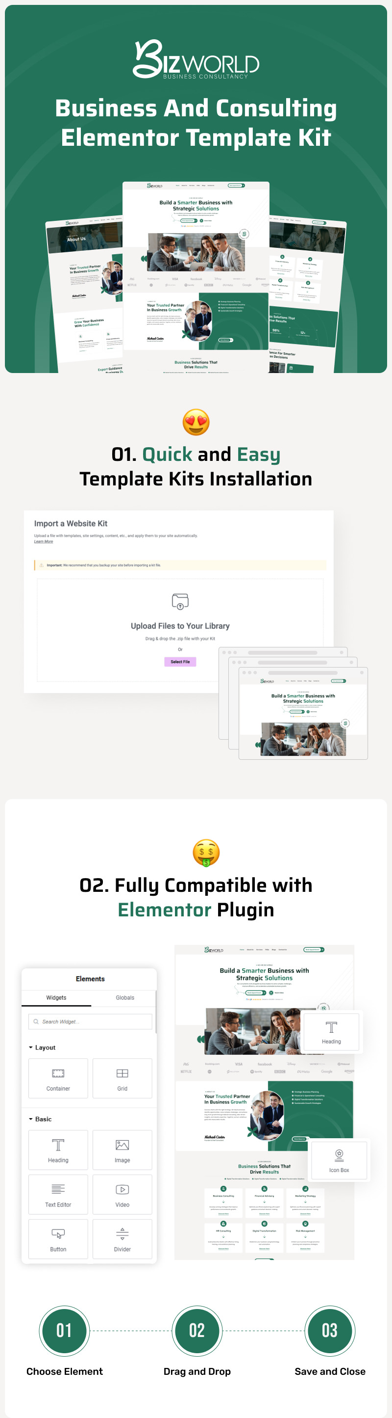 BizWorld – Kit di modelli Elementor per aziende e società di consulenza - Caratteristiche Immagine 1