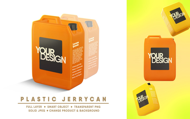 Mockup di tanica in plastica trasparente I facilmente modificabile - Caratteristiche Immagine 1