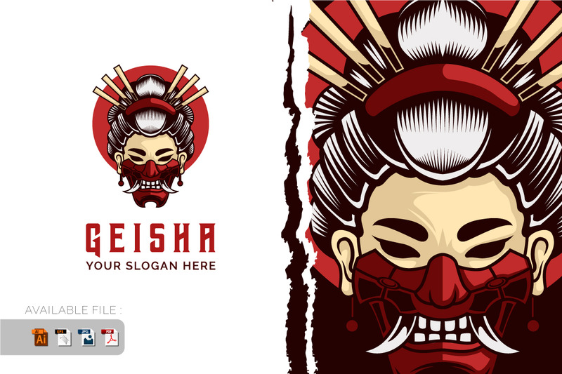 Geisha With Hanya Mask Samurai Warrior Logo vintage vector illustration - Features Image 1