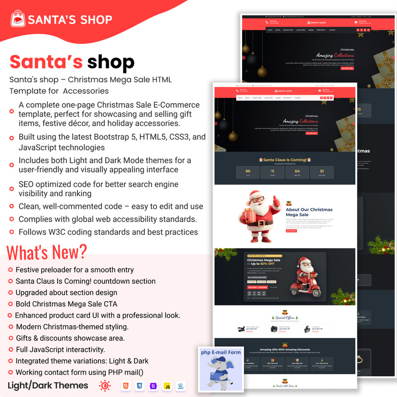 Santas Shop | Weihnachtsverkauf, Angebote, E-Commerce – Bootstrap-Vorlage - Eigenschaften Bild 1