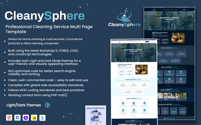 Cleanysphere – Cleaning and Janitorial Services Multipage Website Template (Light and Dark Mode) - Features Image 1